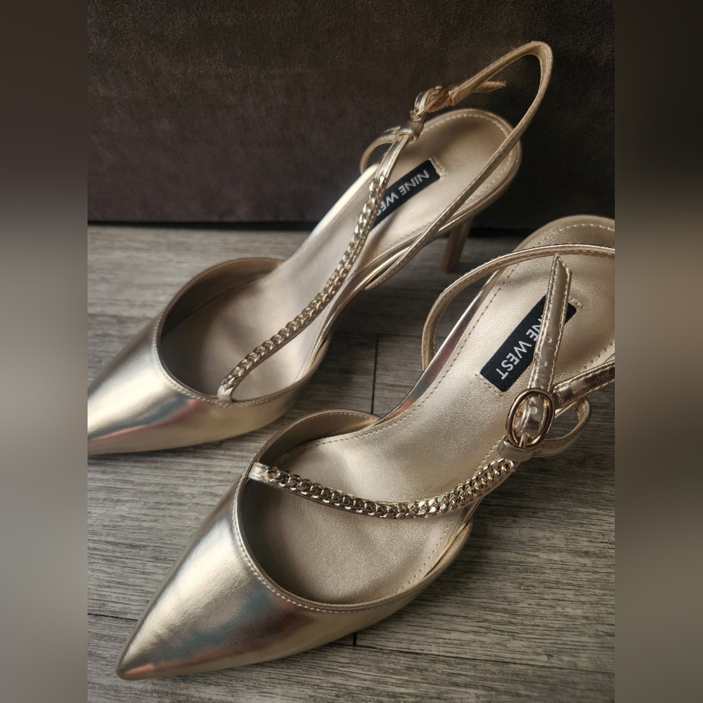 Nine West Gold Strappy Mule Heels With Chain Detail